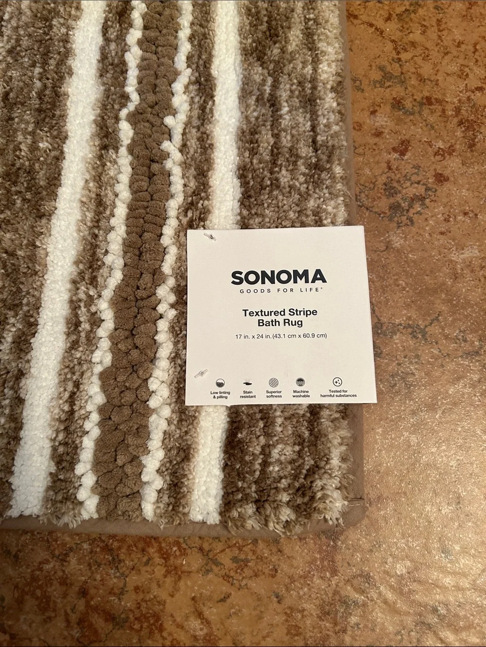 Sonoma Tan Brown & White  Striped Textured Bath Rug Matt NEW 17